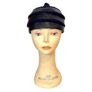 Vintage CHRISTIAN DIOR Navy Blue Raffia and Wood Trim Cloche Hat, Size S